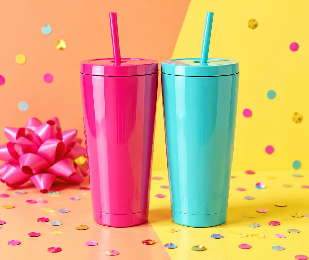 Pink and aqua personalised tumblers as a gift