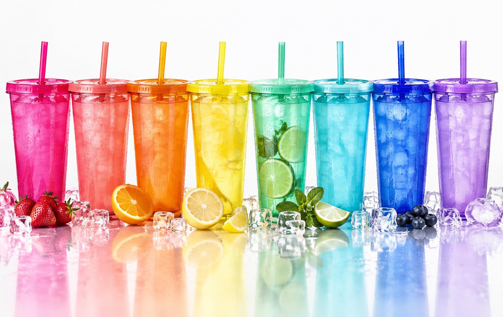 Rainbow of reusable cups lined up by colour
